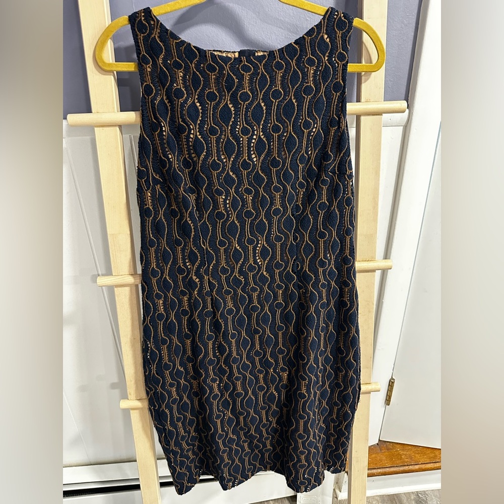 Piazza Sempione Dress with Navy Crochet Overlay Over Caramel Lining